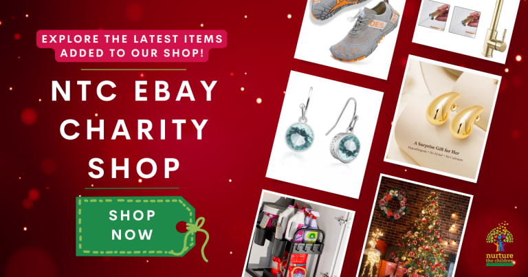 Promotional image for the NTC eBay Charity Shop featuring photos of various items for sale, such as earrings, athletic shoes, home goods, and a Christmas wreath, with a green "Shop Now" button and holiday-themed design elements.