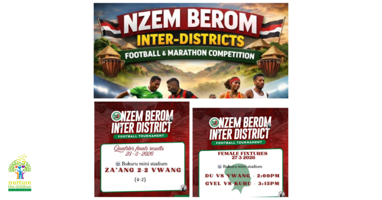 Collage of promotional graphics for the Nzem Berom Inter-Districts Football & Marathon Competition, featuring images of athletes and tournament details.