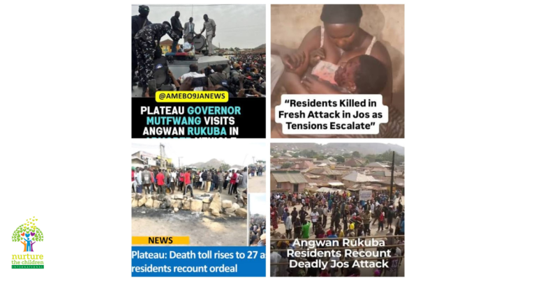 Collage of news images related to attacks and unrest in Jos, Nigeria. The top left image shows officials with a crowd in the background and text about a governor's visit. The top right image shows a distressed individual holding a baby with text about residents killed in an attack. The bottom left image depicts a crowd gathered around debris, with text about a rising death toll. The bottom right image shows a street scene with many people and buildings, and text about residents recounting a deadly attack. A logo for "nurture the children international" is in the bottom left corner.