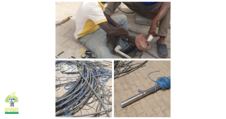 Multiple images show the installation of a submersible pump. The top image shows two individuals working on connecting cables to a pump mechanism emerging from a hole in the ground. One person is holding a red float, and the other is manipulating wires. Below, one image displays a tangled mass of black and blue electrical cables. The bottom right image shows a silver submersible pump with a blue cable coiled around it, lying on a sandy, paved surface.