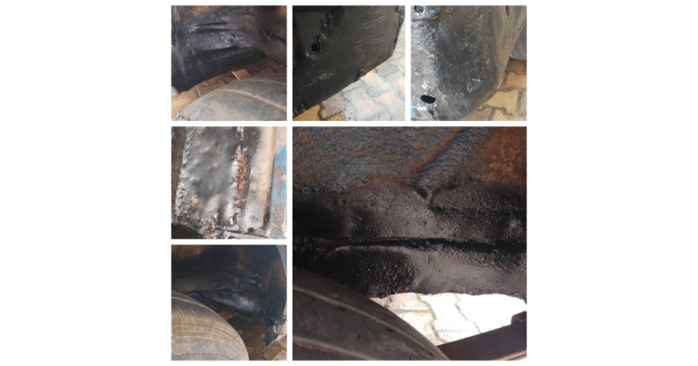 Collage of six images showing a damaged vehicle chassis and a disassembled, greasy gearbox. The top row depicts close-ups of corroded metal and a phone screen reflecting mechanical parts. The bottom row displays the separate components of the gearbox and a car jack.