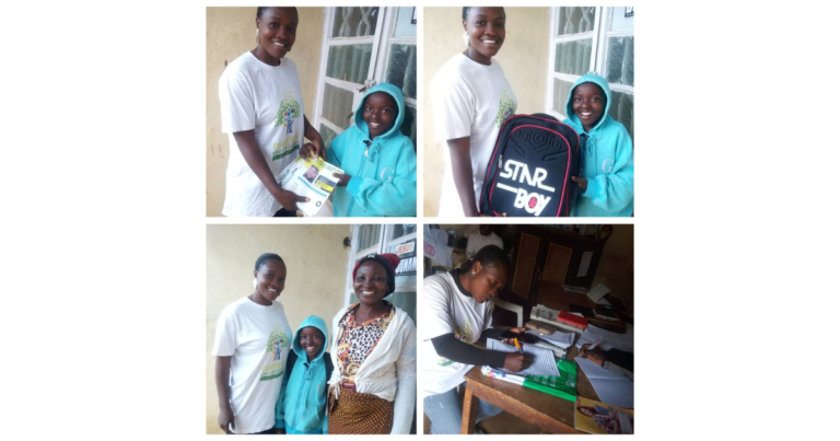 A four-panel collage showing individuals receiving school supplies and engaging in educational activities. The top two panels depict adults presenting school books and a backpack to young people. The bottom left panel shows a group of three people, two adults and one child, smiling. The bottom right panel shows a person writing on a document at a desk cluttered with papers and pens.