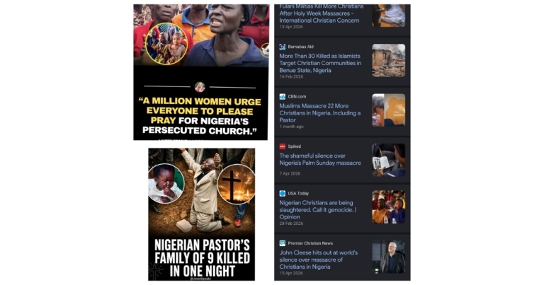 Collage of news headlines and images concerning Christian persecution in Nigeria, featuring images of distressed women and children, a pastor praying, and news articles detailing massacres and international concern.