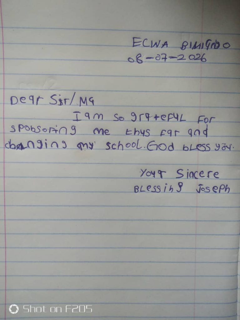 Handwritten letter on lined paper, dated 08-07-2026, expressing gratitude for sponsorship of school fees.