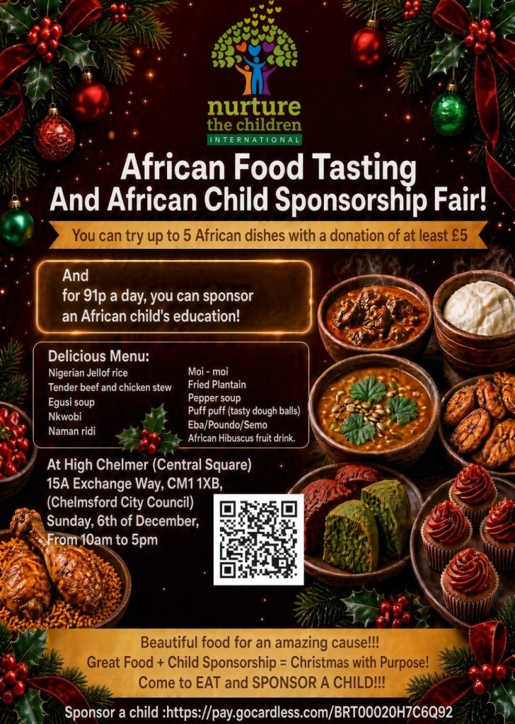 Poster for "Nurture the Children International" African Food Tasting and African Child Sponsorship Fair, featuring various African dishes, sponsorship information, event details, and a QR code.