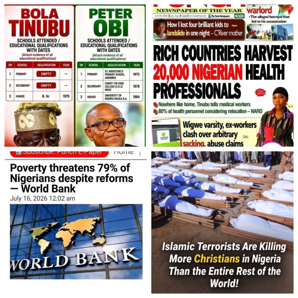 Collage of Nigerian newspaper headlines and images, including election candidates, news about healthcare professionals, poverty, and a group of bodies.