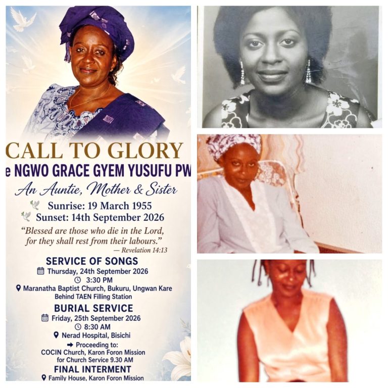 Obituary announcement for "NGWO GRACE GYEM YUSUFU PW," an Auntie, Mother, and Sister, with sunrise March 19, 1955, and sunset September 14, 2026. Includes details for the Service of Songs and Burial Service. The collage features four images of the deceased woman at different ages.