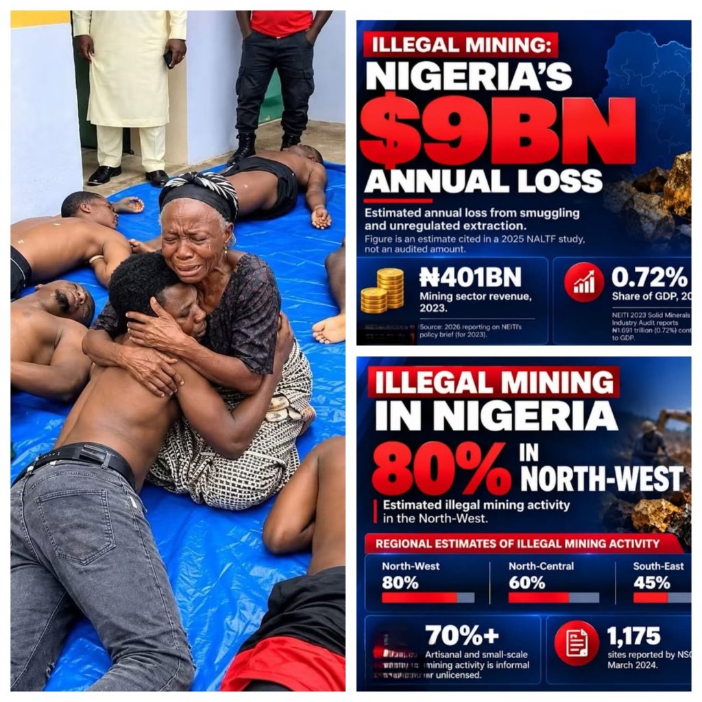 Collage of images depicting illegal mining in Nigeria. The left side shows a distressed older woman embracing a younger person, surrounded by several other individuals lying on the ground. The top right section is a graphic titled "ILLEGAL MINING: NIGERIA'S $9BN ANNUAL LOSS" with statistical information. The bottom right section is another graphic titled "ILLEGAL MINING IN NIGERIA 80% IN NORTH-WEST" detailing regional estimates of illegal mining activity.