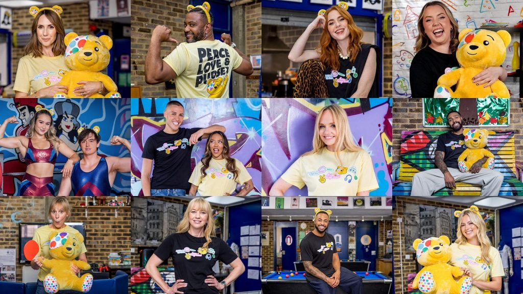 Collage of diverse individuals posing with Pudsey the Bear, a yellow teddy bear character wearing a spotty bandage over one eye and various themed t-shirts and headbands supporting a children's charity.